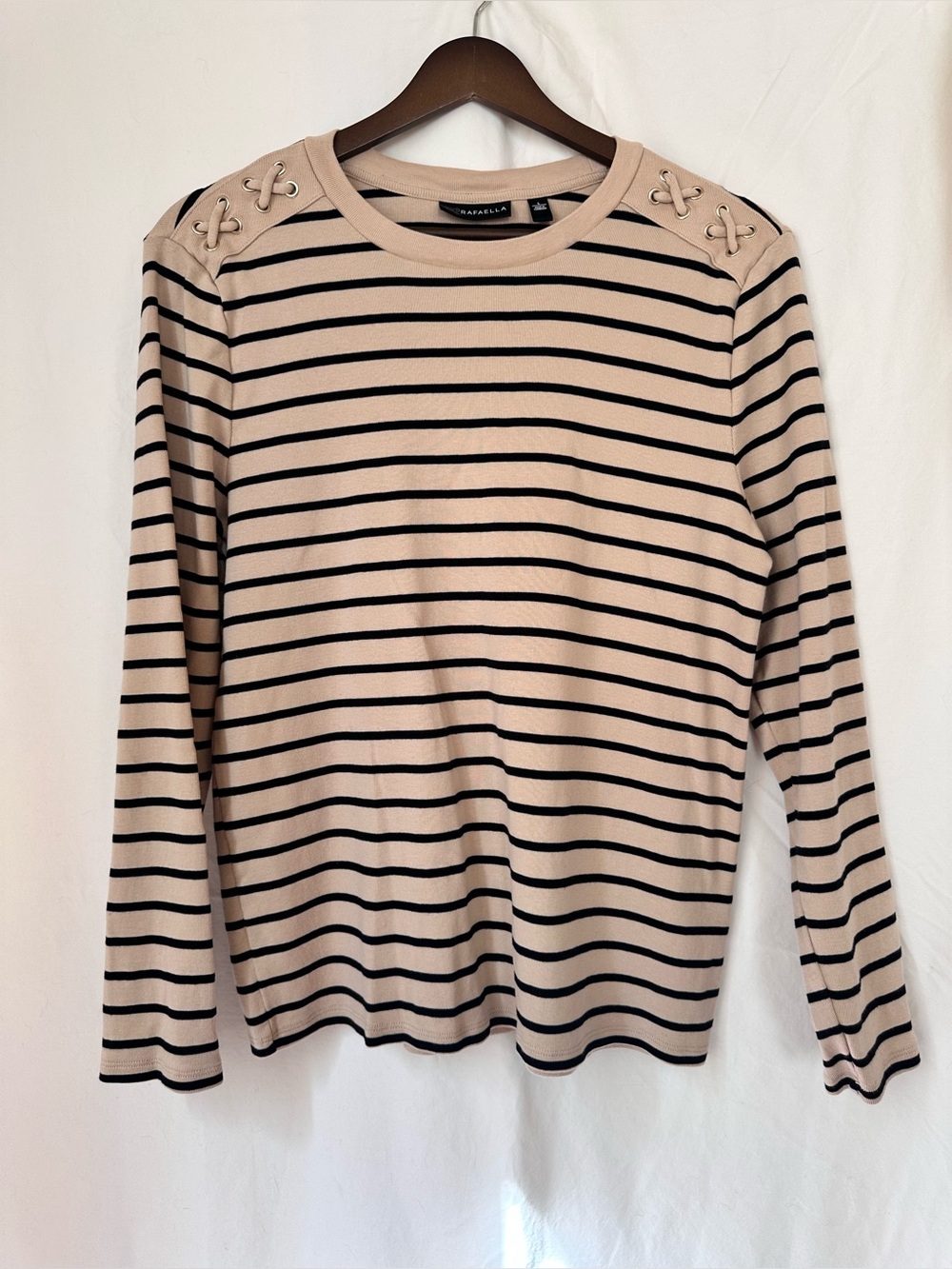 Rafaella Beige and Black Striped Lace-Up Shoulder Accent Long Sleeve Top